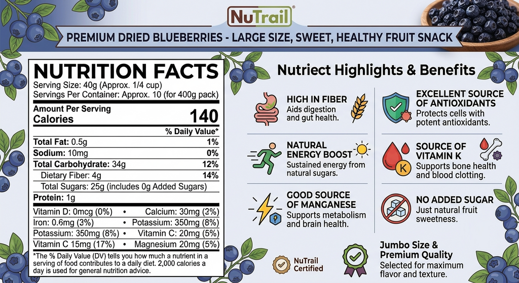 Premium Dried Blueberries Large Size | Sweet & Healthy Fruit Snack